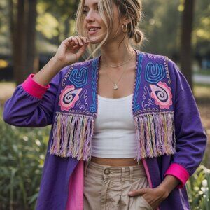 Vintage Irene Pulos Purple Embroidered Jacket | Mexican Boho Cotton Blazer